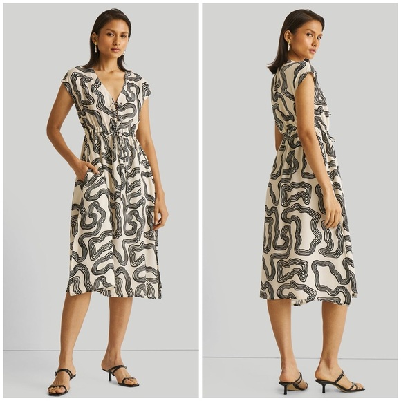 NWT Reistor Deep V-neck Gathered Dress in Geometric Black Stripes Bemberg Size S - Picture 1 of 14